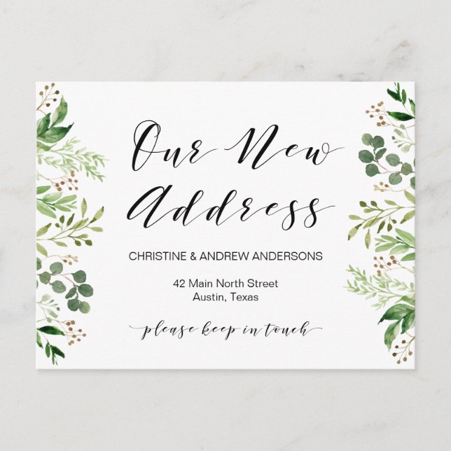 New Home Address, Greenery, Moving Announcement Postcard (Front)