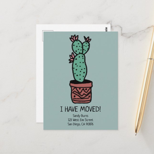 New Home Address Moving Announcement Cactus Doodle Postcard (Front/Back In Situ)