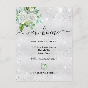 New home address silver floral glitter dust announcement postcard