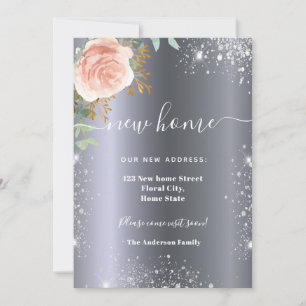 New home address silver floral rose gold glitter announcement