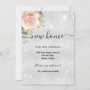 New home address silver floral rose gold glitter announcement
