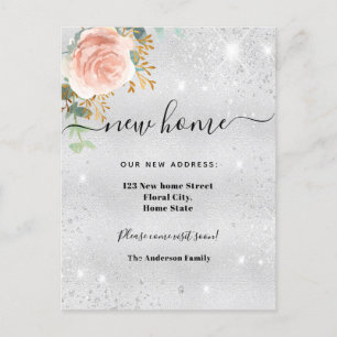 New home address silver floral rose gold glitter announcement postcard