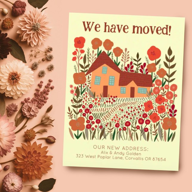 New Home Address We Have Moved Farmhouse Flowers  Postcard (We have moved address change new home moving announcement custom postcard w cute house & flowers )