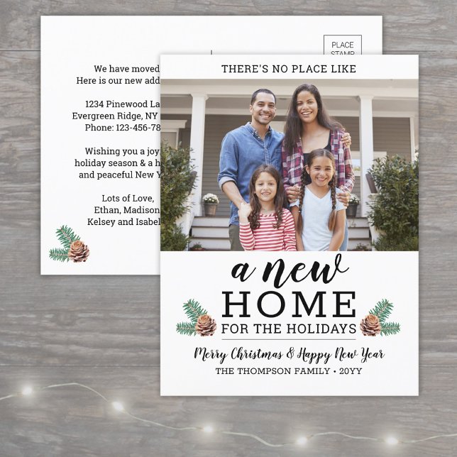 New Home Christmas Address Change Modern One Photo Holiday Postcard (Creator Uploaded)