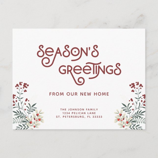 New Home Christmas Berries Holiday Moving Announcement Postcard (Front)