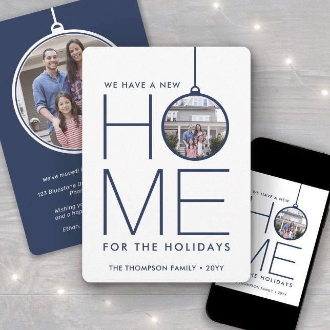 New Home Christmas Ornament 2 Photo Navy & White Holiday Card (Creator Uploaded)