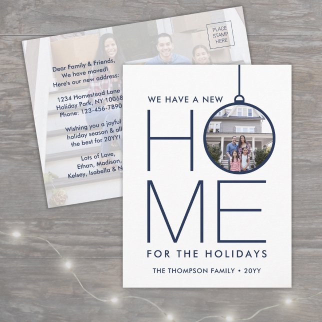 New Home Christmas Ornament 2 Photo Navy & White Holiday Postcard (Creator Uploaded)
