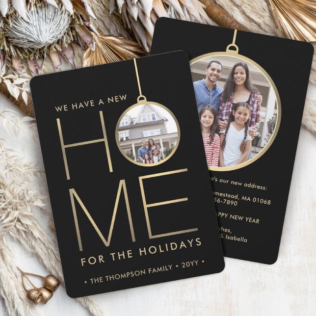 New Home Christmas Ornament Black & Gold 2 Photo Holiday Card (Creator Uploaded)