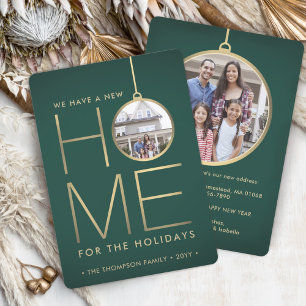 New Home Christmas Ornament Green & Gold 2 Photo Holiday Card