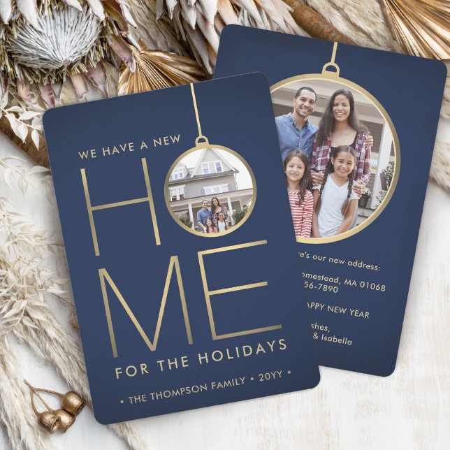 New Home Christmas Ornament Navy & Gold 2 Photo Holiday Card (Creator Uploaded)