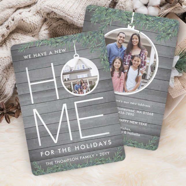 New Home Christmas Ornament Photo Wood & Greenery Holiday Card (Creator Uploaded)