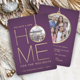 New Home Christmas Ornament Purple & Gold 2 Photo Holiday Card