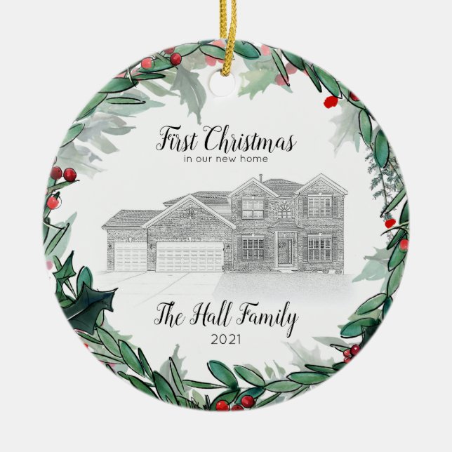 New Home Christmas Ornament Sketch House Portrait (Front)