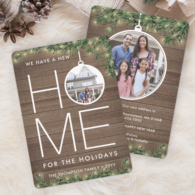 New Home Christmas Ornament Wood & Lights 2 Photo Holiday Card (Creator Uploaded)