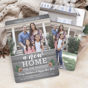 New Home Christmas Pinecones & Grey Wood 2 Photo Holiday Card