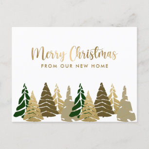 New Home Christmas Trees Gold Green Holiday Moving Announcement Postcard