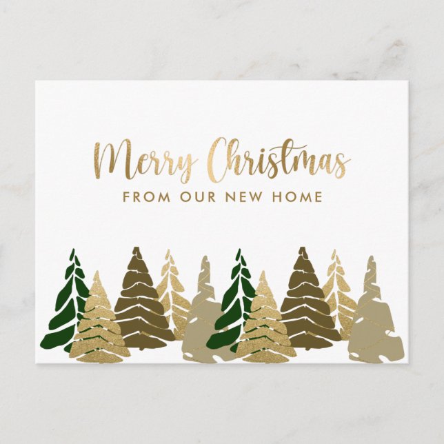 New Home Christmas Trees Gold Green Holiday Moving Announcement Postcard (Front)