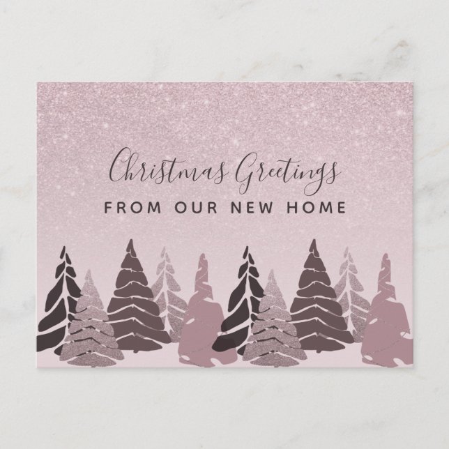 New Home Christmas Trees Rose Gold Holiday Moving Announcement Postcard (Front)