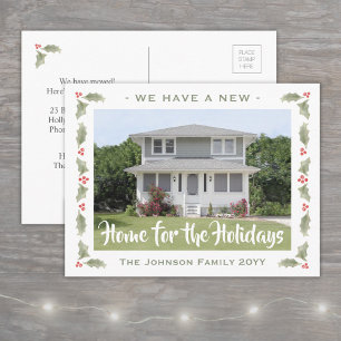 New Home Christmas Watercolor Holly 1 Photo Moving Announcement Postcard