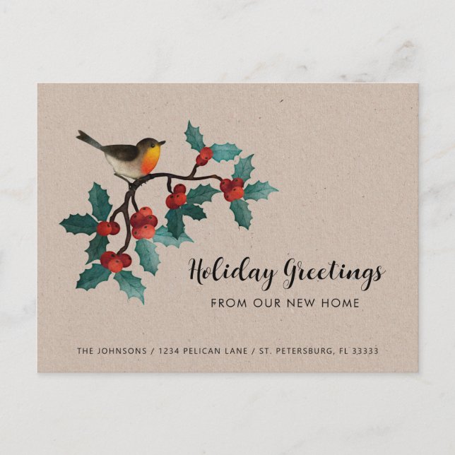 New Home Cute Bird Holly Berries Christmas Moving Announcement Postcard (Front)