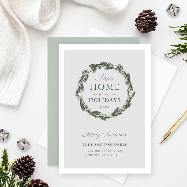 New Home Elegant Neutral Gray Green Pine Wreath Holiday Card (Creator Uploaded)