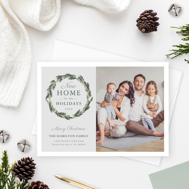 New Home Elegant Neutral Grey Green Wreath Photo Holiday Card (Creator Uploaded)