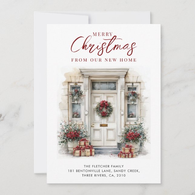 New Home Elegant Winter White Front Door Christmas Holiday Card (Front)