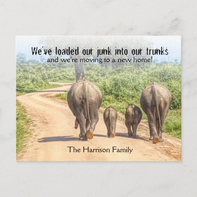 New Home Elephants We're Moving Announcement Funny Postcard (Front)
