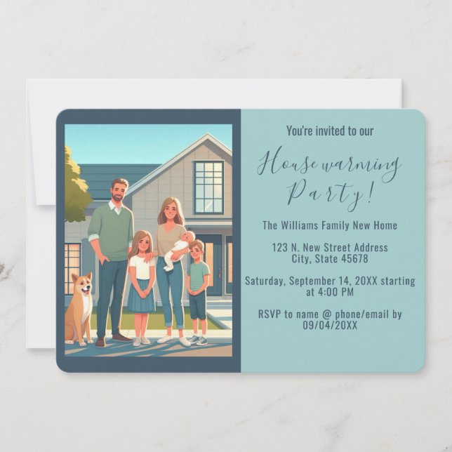 New Home Family Photo Blue Housewarming Invitation (Front)