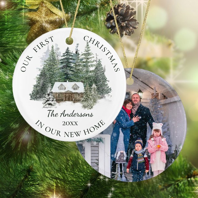 New Home Family Photo Rustic Pine Cabin Christmas Ceramic Tree Decoration (Creator Uploaded)