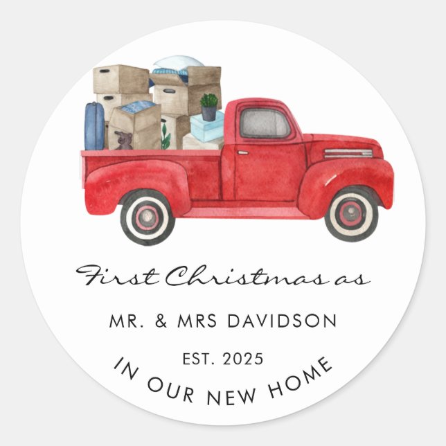  New Home First Christmas As Mr and Mrs Red Truck Classic Round Sticker (Front)