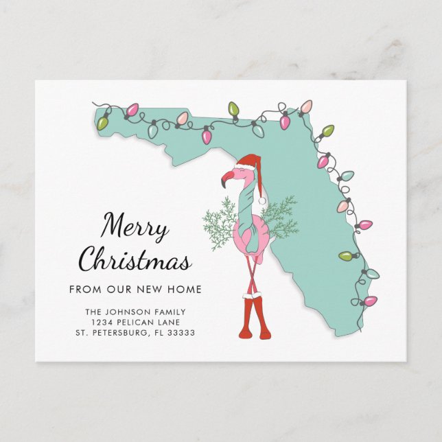 New Home Florida Map Christmas Flamingo Moving Announcement Postcard (Front)