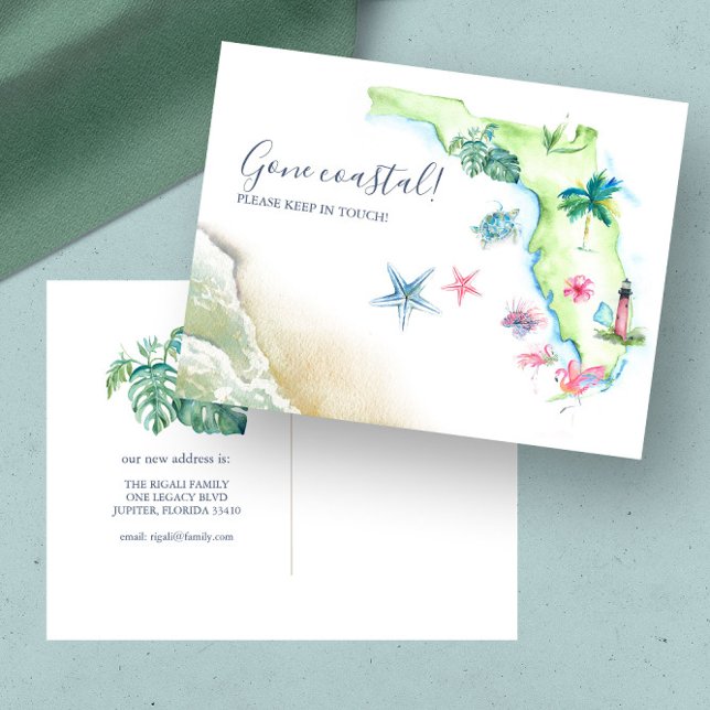 New Home Florida State Moving Announcement Postcar Postcard (Florida moving announcement unique watercolor map art by Victoria Grigaliunas of Do Tell A Belle)