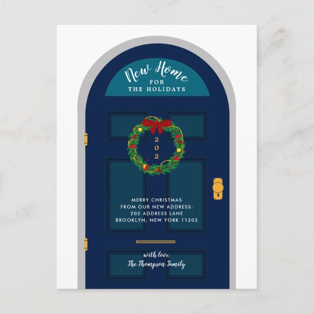 New Home for the Holidays Blue Door Holiday Postcard (Front)