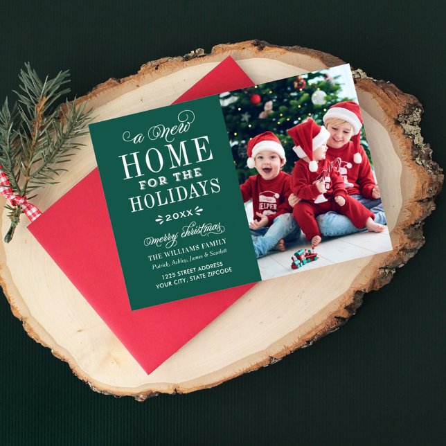 New Home for the Holidays Elegant Dark Green Photo Holiday Card (Creator Uploaded)