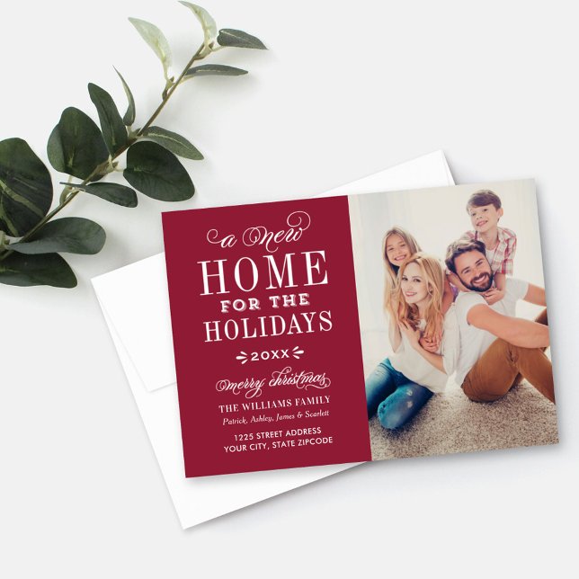New Home for the Holidays Elegant Dark Red Photo Holiday Card (Creator Uploaded)