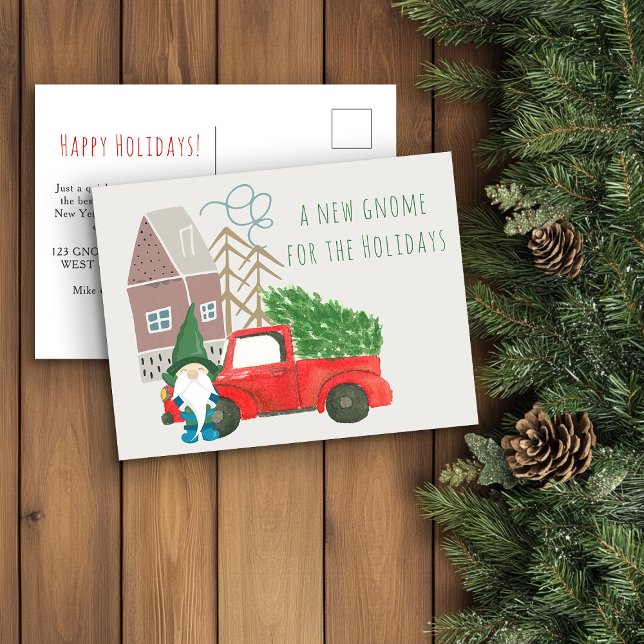 New Home for the Holidays Gnome and Truck Moving Announcement Postcard (Funny Gnome New Home Christmas Card from Holiday Moving Announcements Collection by Darling & May)
