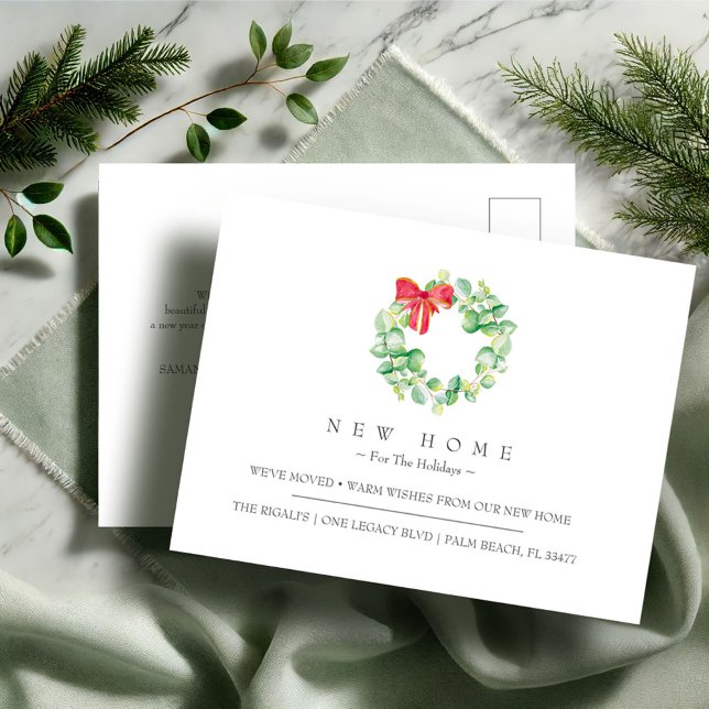 New Home For The Holidays Moving Announcement Postcard (Christmas moving announcement cards feature a watercolor wreath art by Victoria Grigaliunas )