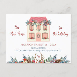 New home for the holidays pink house red moving announcement postcard