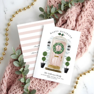 New Home For the Holidays Pink Watercolor Door Holiday Card