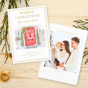 New Home For the Holidays Red Watercolor Door Holiday Card