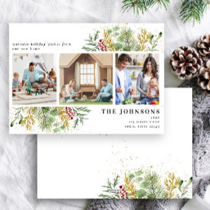 New Home Gold Winter Botanical Greenery 3 Photo Holiday Card