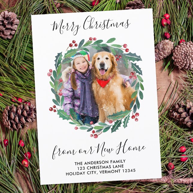 New Home Greenery Wreath Christmas Photo Moving Enclosure Card (Creator Uploaded)