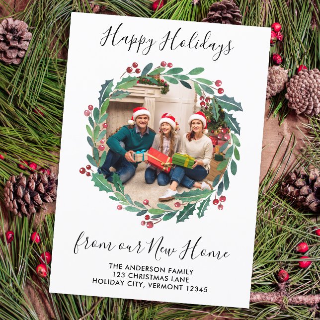 New Home Greenery Wreath Photo Holiday Moving Announcement (Creator Uploaded)