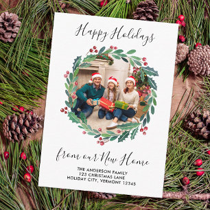 New Home Greenery Wreath Photo Holiday Moving Enclosure Card