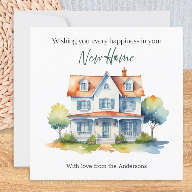 New Home Happiness Watercolor Personalised Card (A personalized card in a watercolor style, to wish friends or family happiness in their new Home)