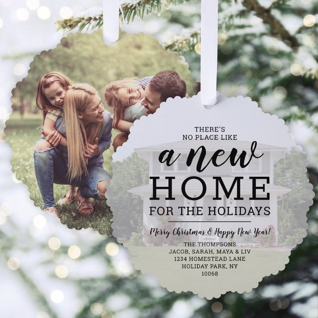 New Home Holiday Address Change 2 Photo Christmas Tree Decoration Card (Creator Uploaded)