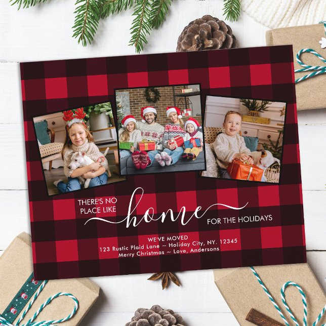 New Home Holidays Red Plaid 3 Photo Moving Card    (Creator Uploaded)