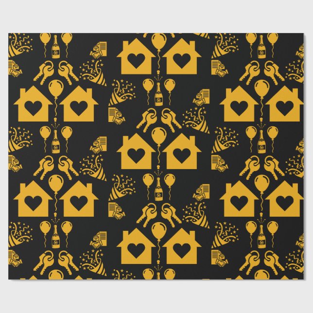 New Home Housewarming Yellow On Black Wrapping Paper (Flat)