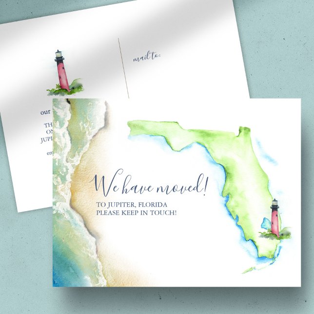 New Home Jupiter Florida State Moving Announcement Postcard (New home Florida state moving announcements watercolor map and lighthouse art Victoria Grigaliunas)